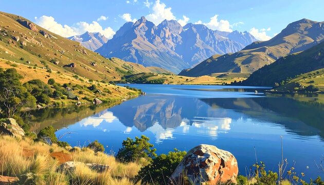A serene landscape features a calm lake reflecting the surrounding mountains and sky. Rolling hills flank the water's edge, creating a peaceful scene