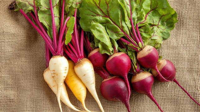 Overhead shot of colorful organic root vegetables with fresh leaves