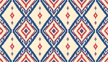 A repeating textile pattern with diamond-shaped motifs in vibrant red and blue hues against a cream-colored backdrop