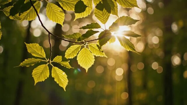 Cinematic close-up of sunlight flickering through forest leaves in gentle wind with dreamy bokeh, ultra-realistic nature loop