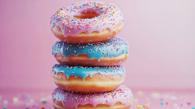 A stack of four colorful donuts with sprinkles on a pink background, a sweet and tempting treat