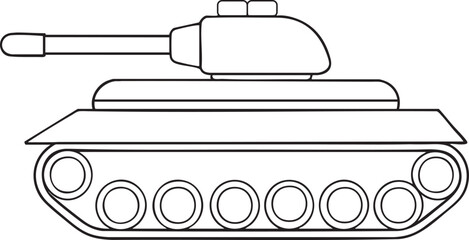 Military tank side profile line art illustration with turret and cannon for creative design use