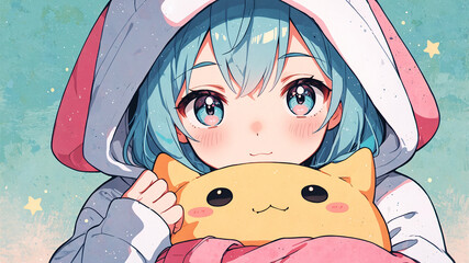 Young girl with sparkling, expressive eyes and short, light blue hair, wearing a pastel-colored hooded sweatshirt