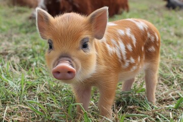 Fototapeta premium Duroc Piglet Enjoying a Sunny Day on a Farm's Green Grass Field