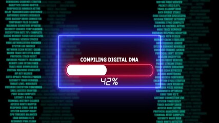 COMPILINGDIGITALDNA" with blue and red lights against a dark background of scrolling code - Powered by Adobe