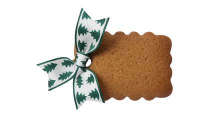 Festive gingerbread cookie tag adorned with a charming ribbon featuring a repeating Christmas tree pattern, perfect for holiday gifting and seasonal decor.
