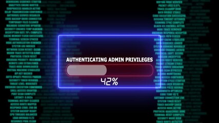 Digital progress bar at 100% indicating authentication of admin privileges with scrolling code background - Powered by Adobe