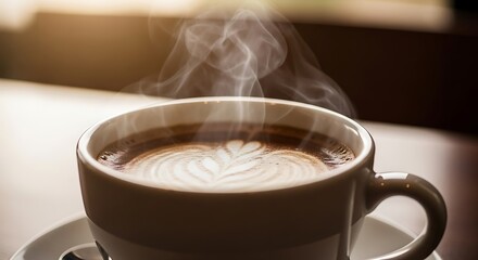 Steaming cup of coffee with latte art on a wooden table.