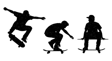 Silhouette of skateboarders performing tricks and sitting on skateboards.
