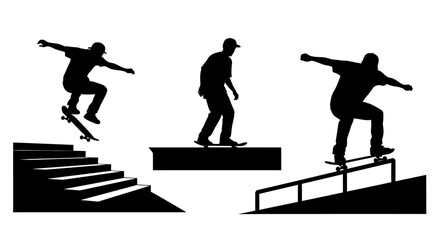 Silhouette Skateboarders Performing Tricks on Stairs and Rails.