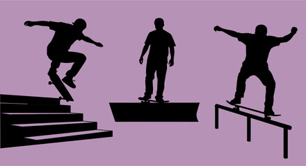 Skateboarders Performing Tricks Silhouettes of Urban Skateboarding.