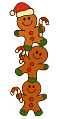Colorful gingerbread men tower with Santa hat and candy canes