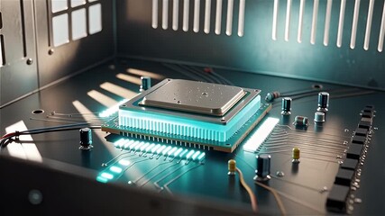 A close-up view of a microprocessor on a circuit board with glowing elements. - Powered by Adobe