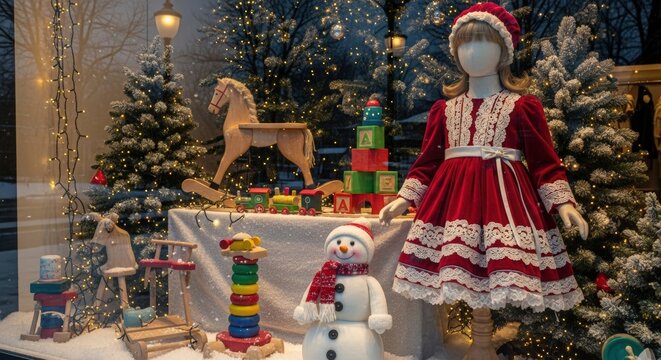 christmas tree, kids dress and gifts in fancy store