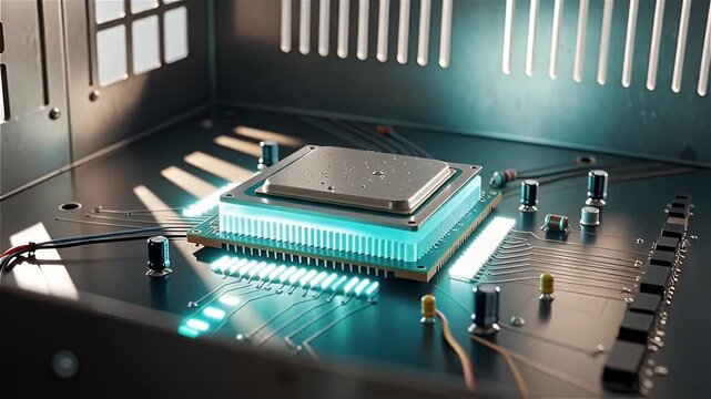 A close-up view of a microprocessor on a circuit board with glowing elements.