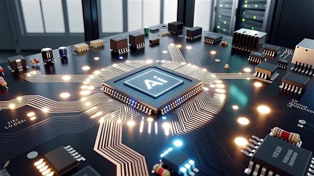 A close-up view of a microprocessor on a circuit board with various electronic components.