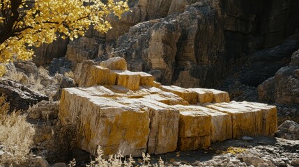 Stack of rough hewn stone blocks precariously balanced outdoors