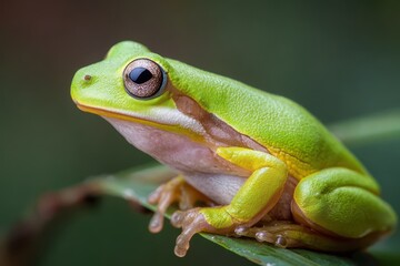 Obraz premium Charming Closeup of American Green Tree Frog: A Macro Profile Shot Capturing Its Adorable Eyes in Selective Focus