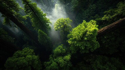 Sunlight streams through a dense redwood forest canopy