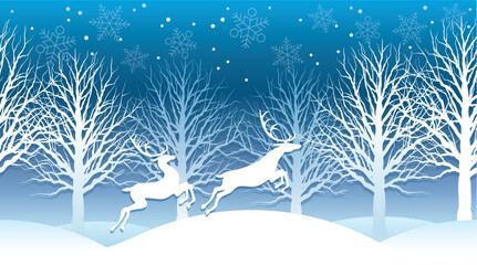 Winter Forest Scene with Jumping Deer Silhouettes Under Snowy Night Sky — Peaceful Christmas Landscape for Holiday Greeting Cards, Seasonal Backgrounds, and Winter Nature Art