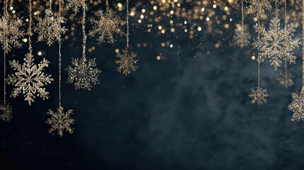 Sparkling golden snowflakes and warm fairy lights creating a magical festive winter holiday decoration background