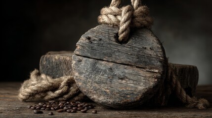 Rustic wooden pulley with rope and coffee beans still life.