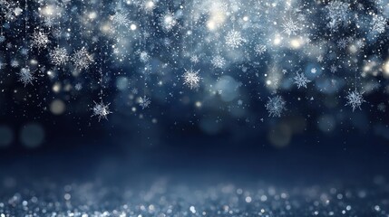 Magical winter wonderland with falling snowflakes and sparkling bokeh lights creating a festive and enchanting holiday atmosphere