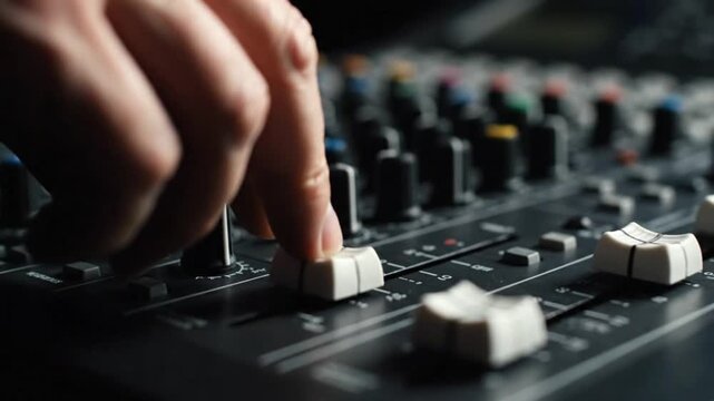 A person's hand precisely adjusts a fader on a professional audio mixing console.