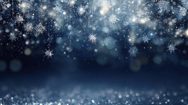 Magical winter wonderland with falling snowflakes and sparkling bokeh lights creating a festive and enchanting holiday atmosphere