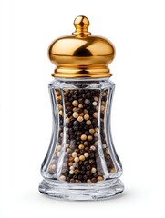 Isolated on White Background Elegant glass pepper mill filled with mixed peppercorns for culinary use.