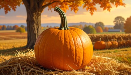 A vibrant orange pumpkin rests on a haystack in a picturesque autumn scene. Lush fields and trees bask in the golden sunlight of the harvest season