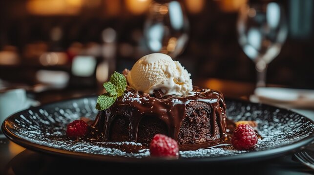 Delicious chocolate lava cake with vanilla ice cream, raspberries, and mint served on a black plate