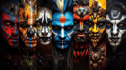 vibrant tribal face paint and cultural costumes of diverse indigenous women and men in artistic close-up portraits