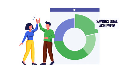 People Celebrating Savings Achievement Next To Successful Financial Chart Display