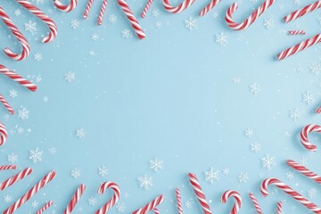 Festive frame of red and white striped candy canes scattered on a light blue background with subtle snowflake accents
