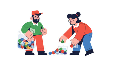 People Collaborating for Recycling, Collecting Bottle Caps to Save the Environment Together