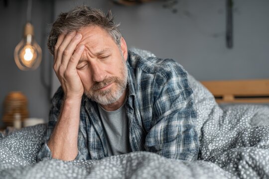 Aged Man Resting on Bed with Pained Expression, Illustrating Sleep Disturbance in Cozy Bedroom Setting