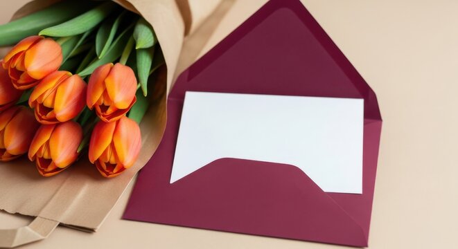 Orange tulips bouquet beside open maroon envelope with blank card for message