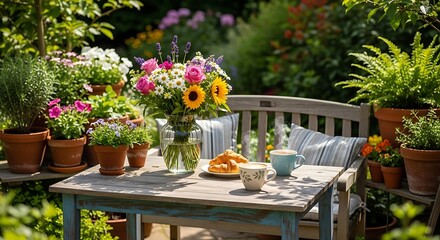 Fototapeta premium Charming garden scene with breakfast table and flower arrangements.