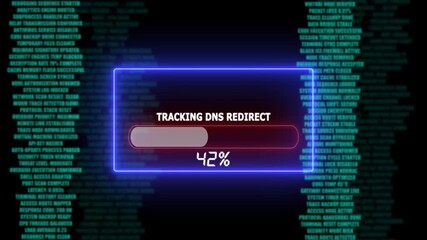 Progress bar shows tracking DNS redirect with glowing neon blue frame and red progress bar against a background of scrolling code - Powered by Adobe