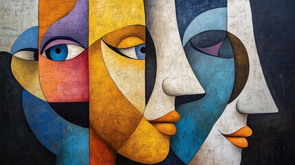 abstract cubist artistic faces painting with bright colors and geometric shapes