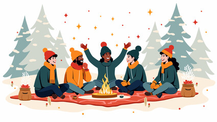 Group in winter picnic sitting around campfire with hot drinks and cozy clothes in snowy pine forest, friendly winter atmosphere