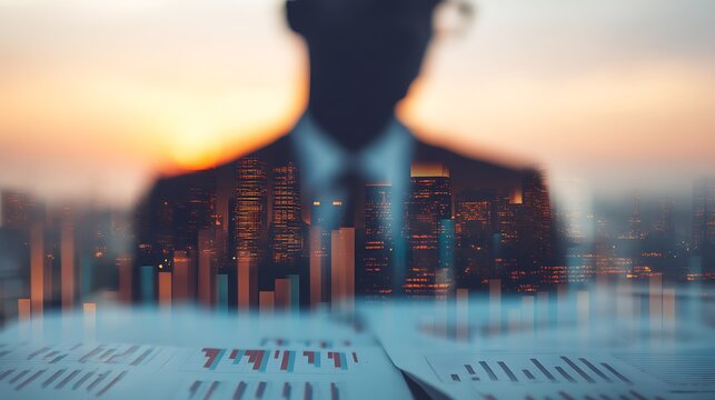 A blurred silhouette of a businessman overlooks city skyscrapers at sunset, with financial graphs in the foreground, symbolizing analysis and growth.