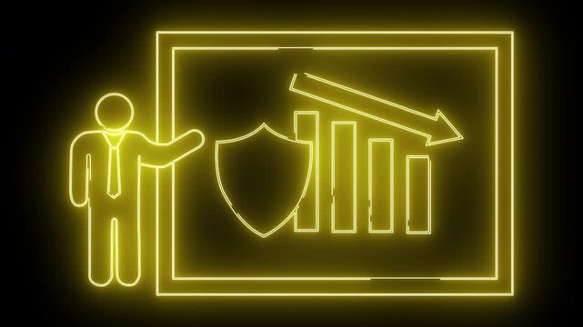 Neon yellow man points to a board with declining bar graph shield and arrow against a black background