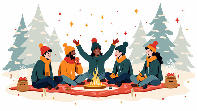 Group in winter picnic sitting around campfire with hot drinks and cozy clothes in snowy pine forest, friendly winter atmosphere