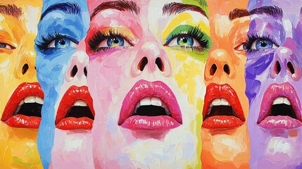 vibrant pop art portrait of multicolored woman with expressive makeup and watercolor effect