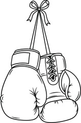 A pair of boxing gloves hanging by a ribbon isolated on white background