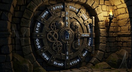 Fototapeta premium Mysterious Vault Door with Intricate Mechanisms and Runes.