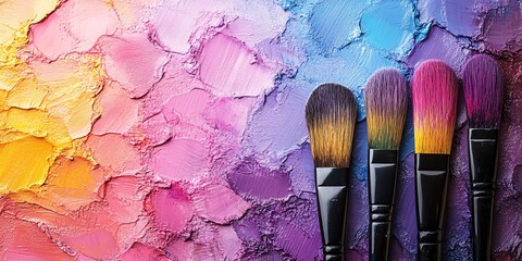 vibrant pastel makeup palette with professional brushes for creative cosmetics application