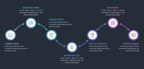 Business workflow infographic template with seven steps connected by arrows, dark background